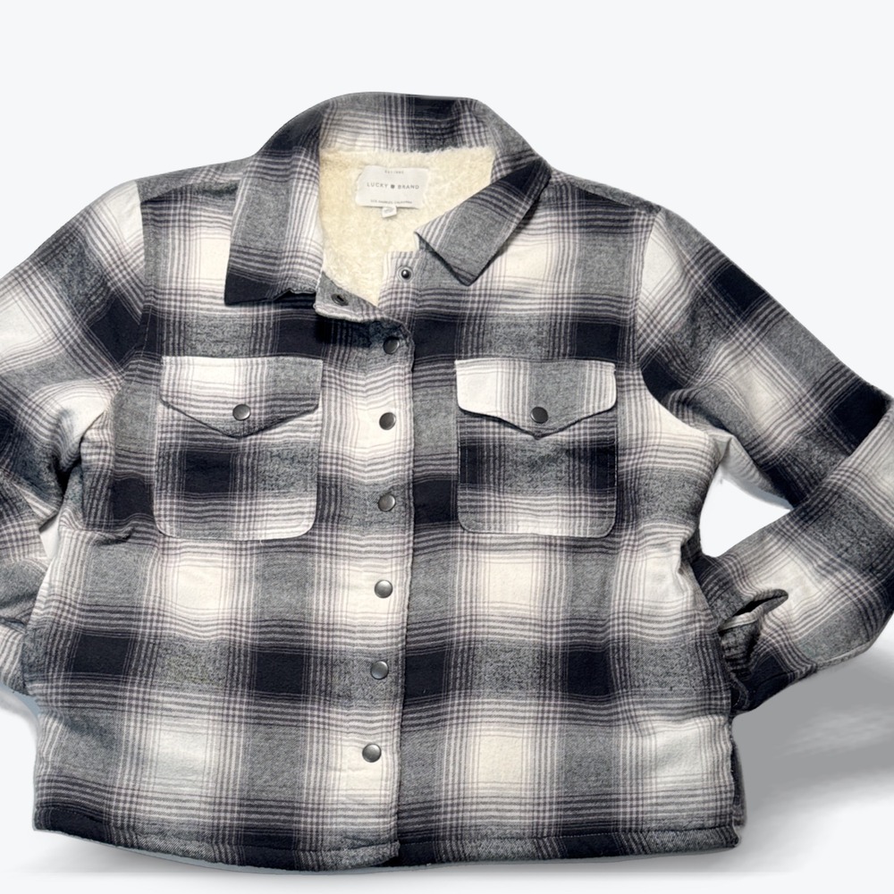 Lucky Brand Flannel Shirt Jacket Sherpa Lined Plaid Shacket Black White Size L
